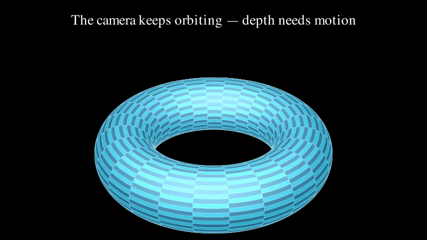 A Manim keyframe: a 3D surface under a moving camera