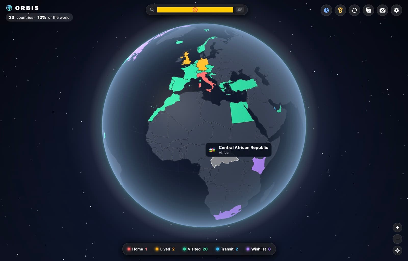 orbis: a globe showing visited countries
