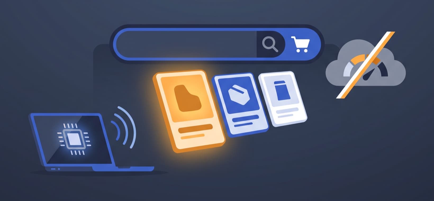 Illustration: a laptop searching a product catalogue with no cloud in the loop