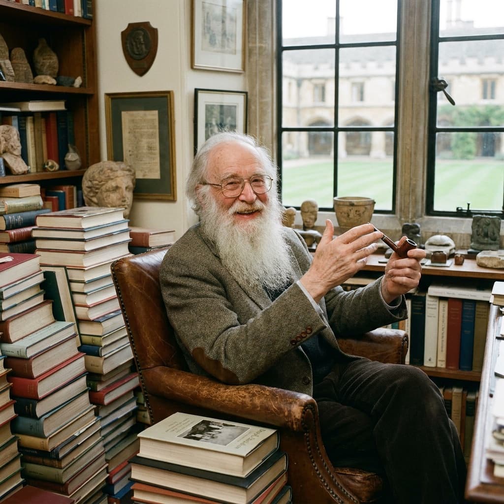 An old professor in a study full of books